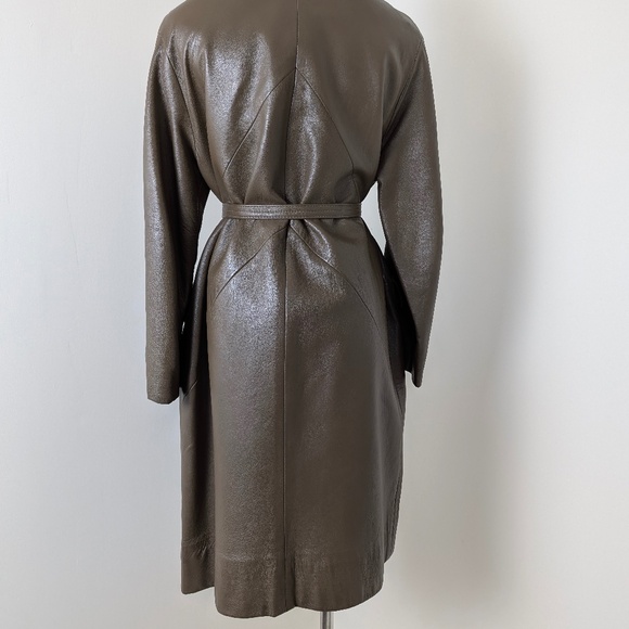 Taupe Leather Peacoat Trench Coat Olive Brown Belted Long Pockets Buttery Soft - Picture 13 of 14